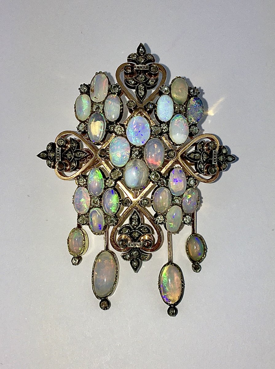 Broche Napoléon III à Pampilles de Type Chandelier en Opales et Diamants sur Or Rose et Argent-photo-3