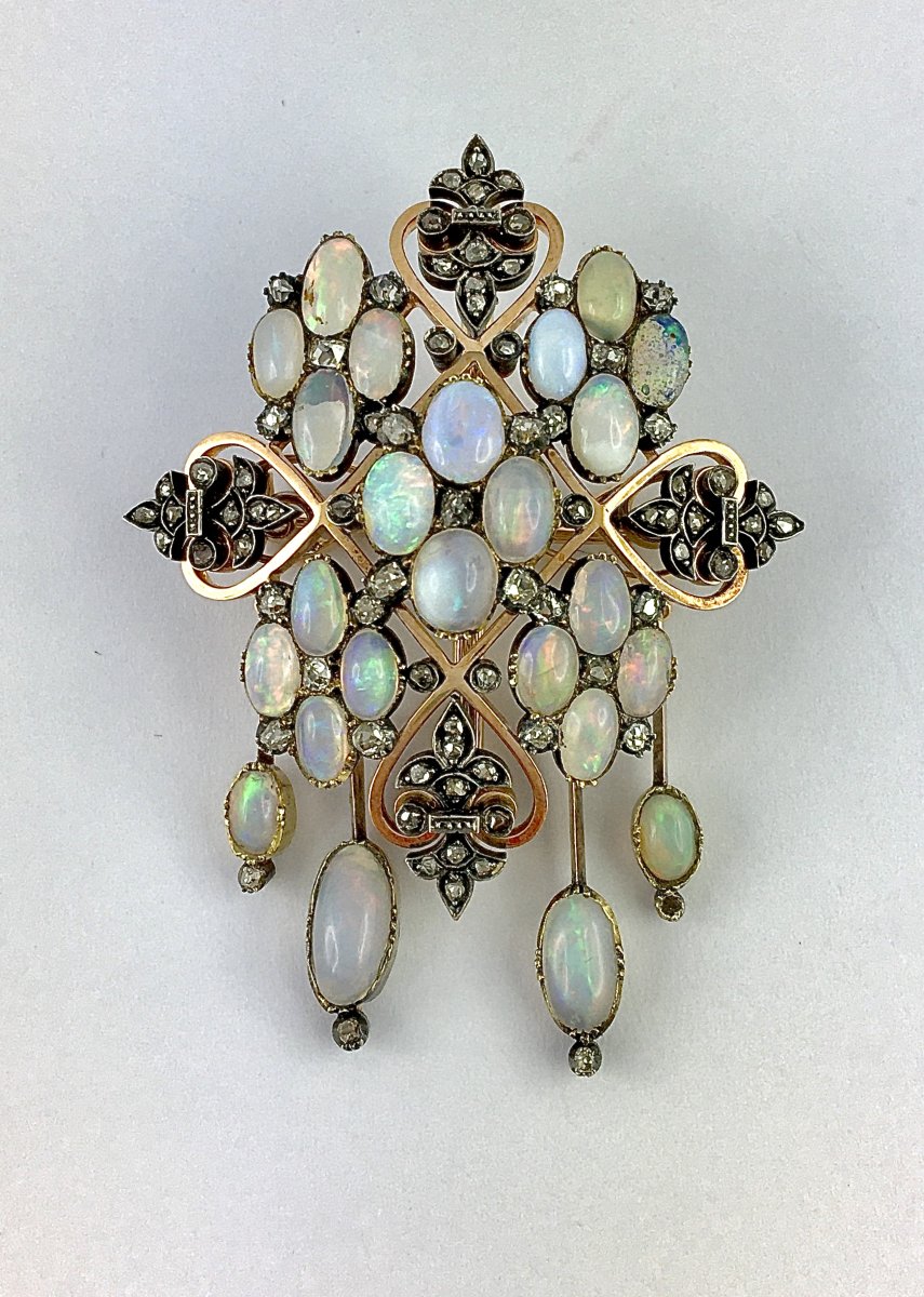 Broche Napoléon III à Pampilles de Type Chandelier en Opales et Diamants sur Or Rose et Argent-photo-4