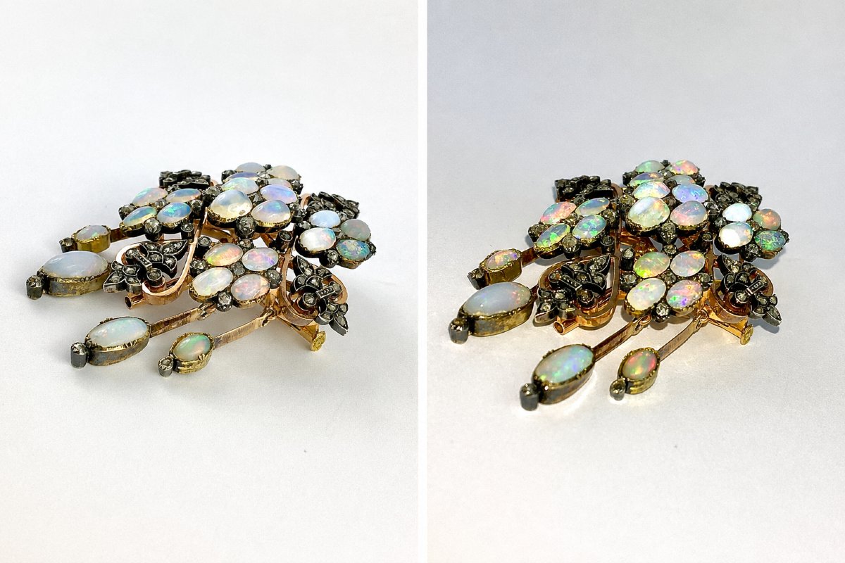 Broche Napoléon III à Pampilles de Type Chandelier en Opales et Diamants sur Or Rose et Argent-photo-2