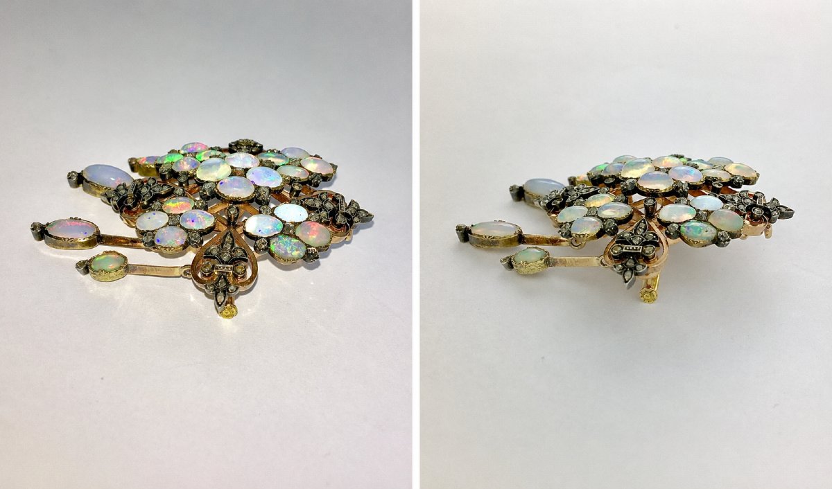 Broche Napoléon III à Pampilles de Type Chandelier en Opales et Diamants sur Or Rose et Argent-photo-3