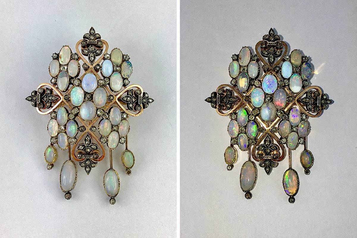 Broche Napoléon III à Pampilles de Type Chandelier en Opales et Diamants sur Or Rose et Argent-photo-4