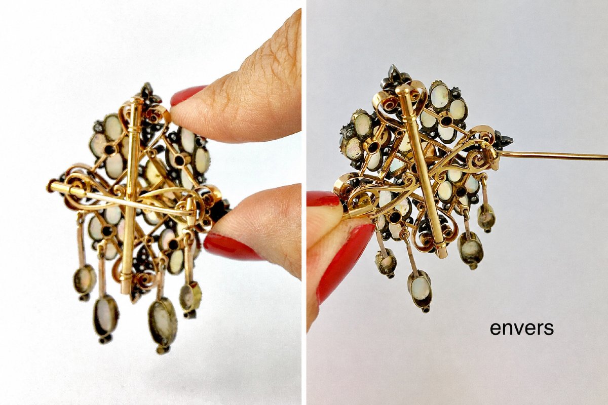 Broche Napoléon III à Pampilles de Type Chandelier en Opales et Diamants sur Or Rose et Argent-photo-6