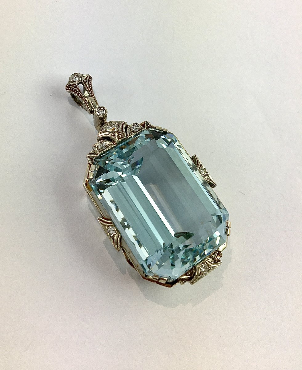 Art Deco Aquamarine And Diamond Pendant In Platinum And White Gold-photo-2