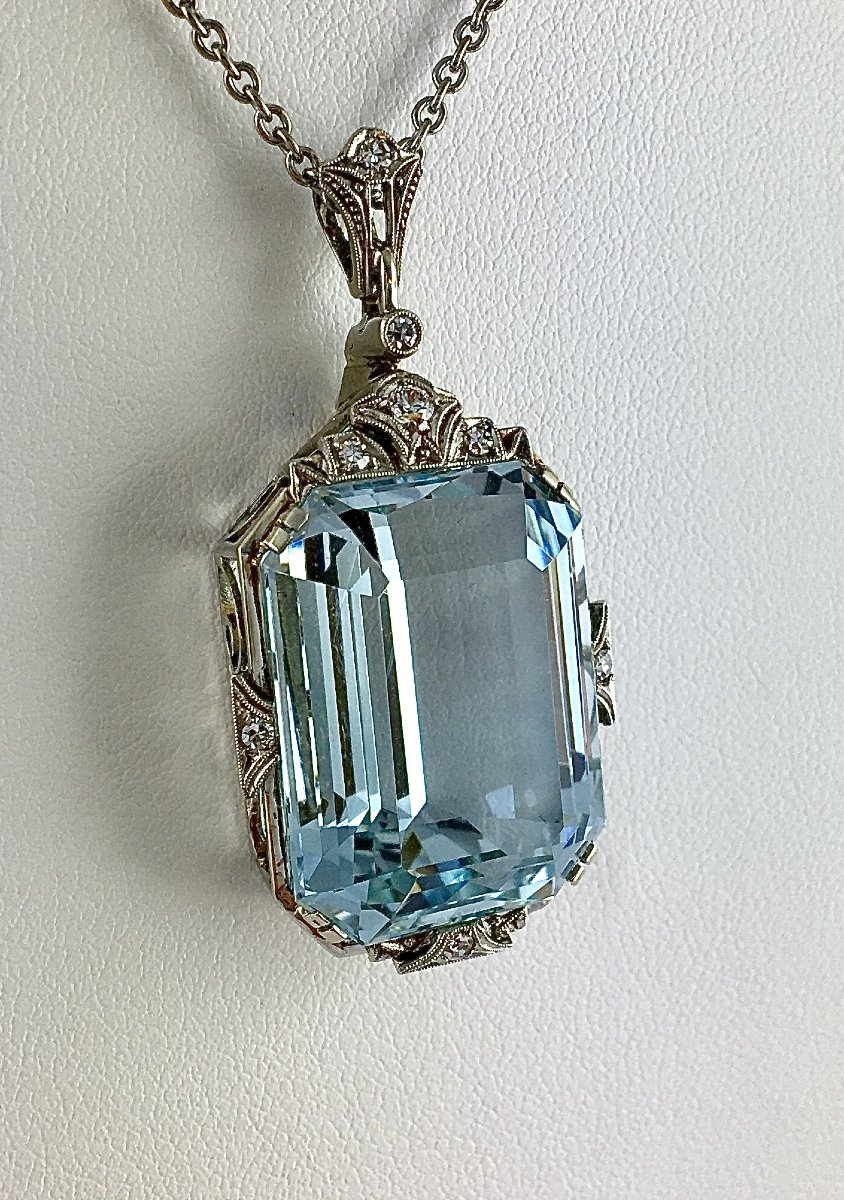 Art Deco Aquamarine And Diamond Pendant In Platinum And White Gold