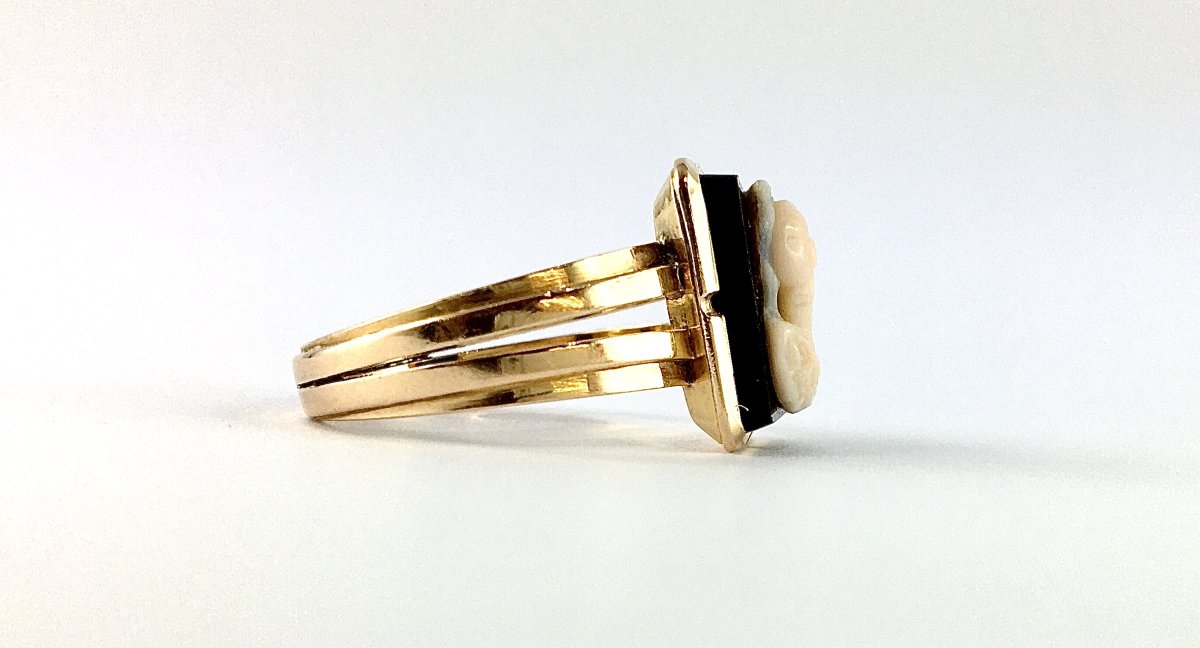 Napoleon III-era Agate And Onyx Cameo Ring In Rose Gold-photo-5