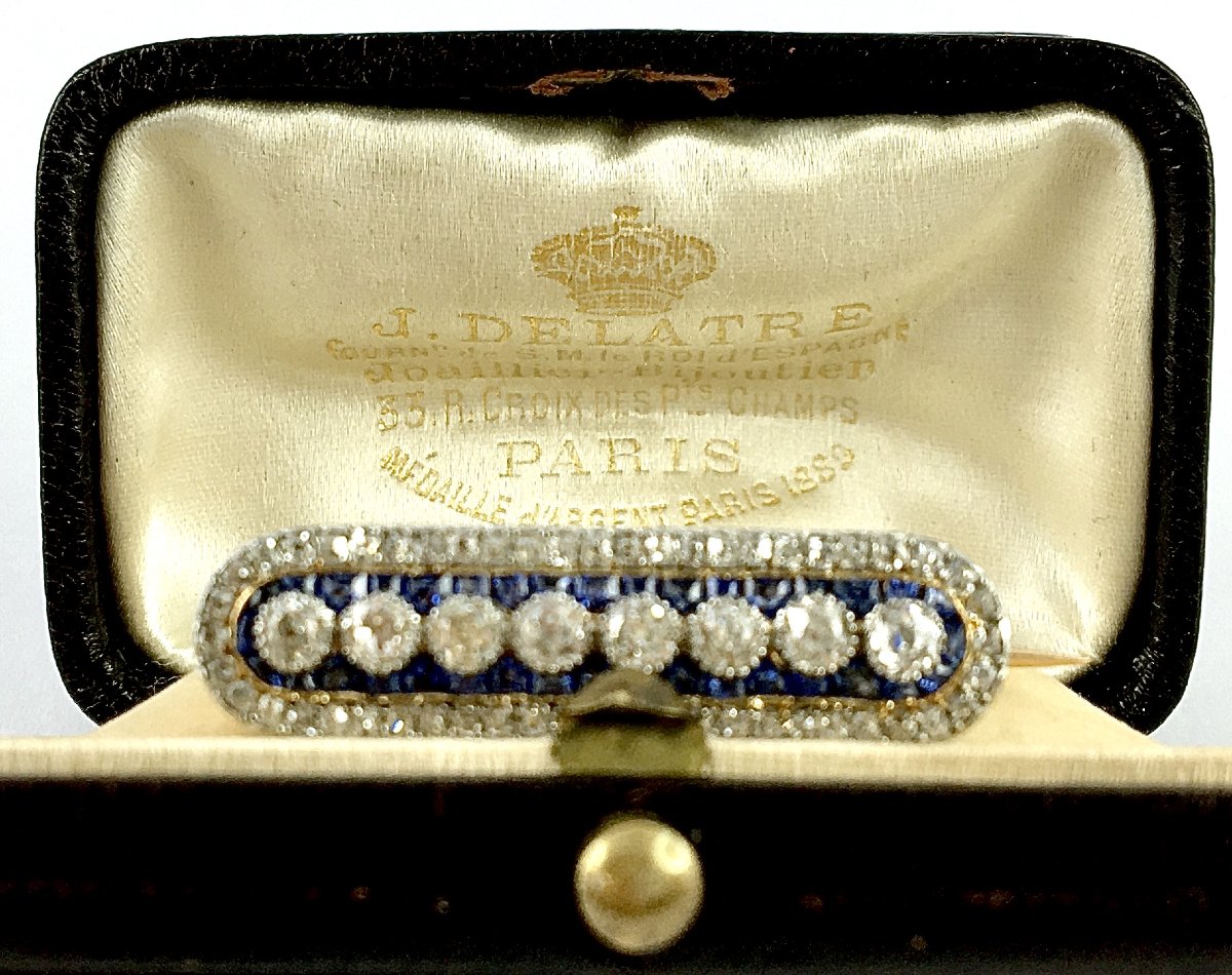 Broche Barrette Belle Époque Diamants et Saphirs Or Jaune & Platine, Ecrin d'Origine J. Delatre-photo-2