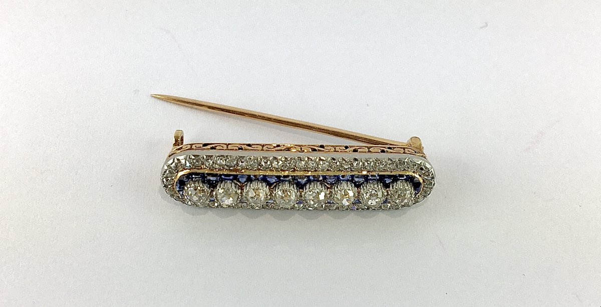 Broche Barrette Belle Époque Diamants et Saphirs Or Jaune & Platine, Ecrin d'Origine J. Delatre-photo-4