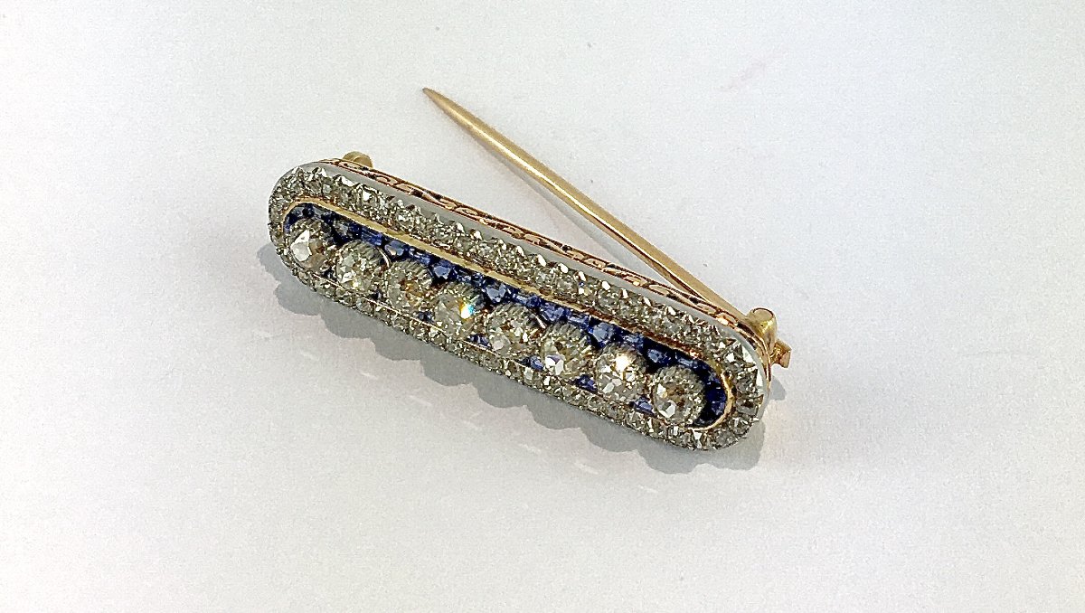 Broche Barrette Belle Époque Diamants et Saphirs Or Jaune & Platine, Ecrin d'Origine J. Delatre-photo-1