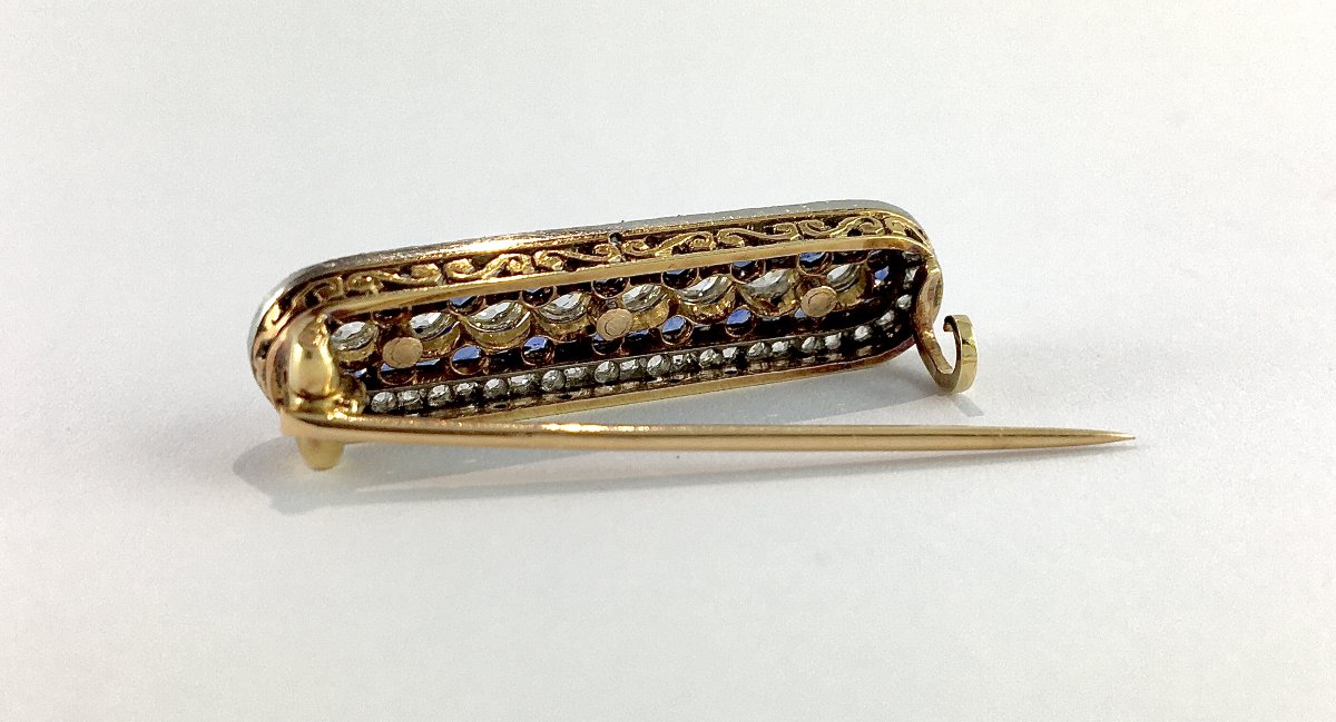 Broche Barrette Belle Époque Diamants et Saphirs Or Jaune & Platine, Ecrin d'Origine J. Delatre-photo-4