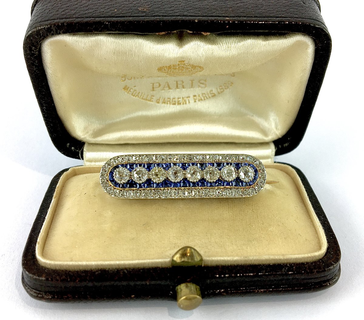 Broche Barrette Belle Époque Diamants et Saphirs Or Jaune & Platine, Ecrin d'Origine J. Delatre