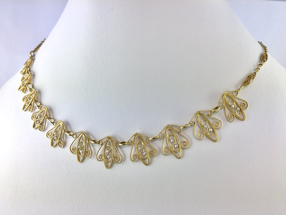 Filigree Necklace With Fine Pearls On Yellow Gold-photo-2