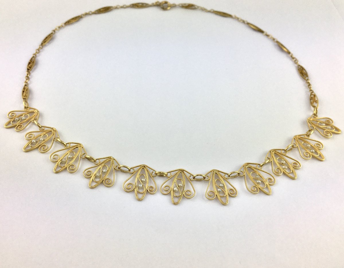 Filigree Necklace With Fine Pearls On Yellow Gold-photo-4