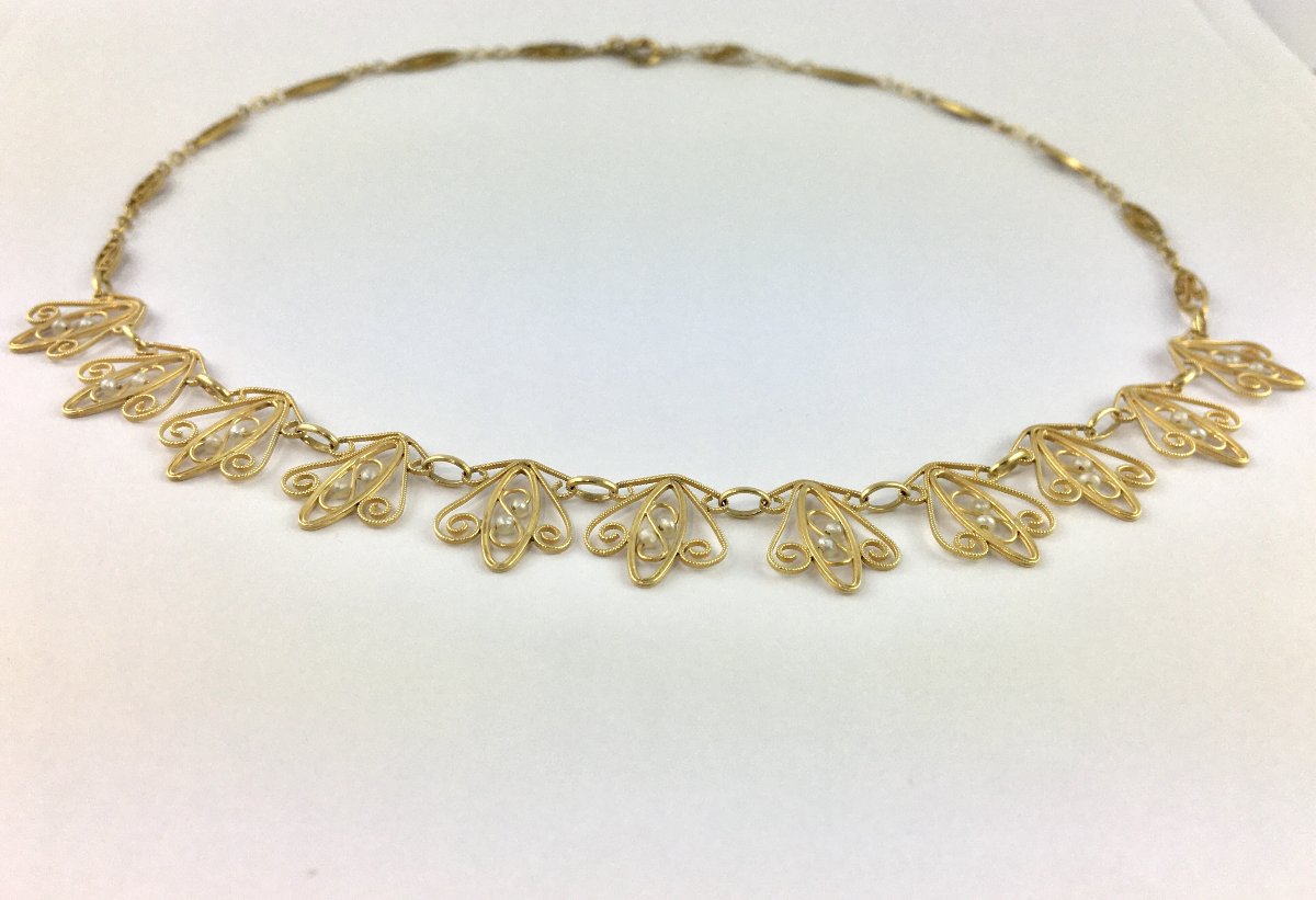 Filigree Necklace With Fine Pearls On Yellow Gold-photo-1