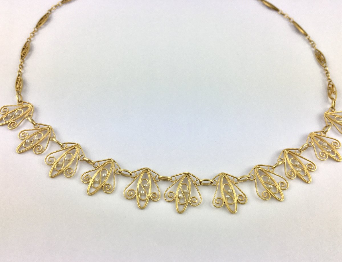 Filigree Necklace With Fine Pearls On Yellow Gold-photo-2