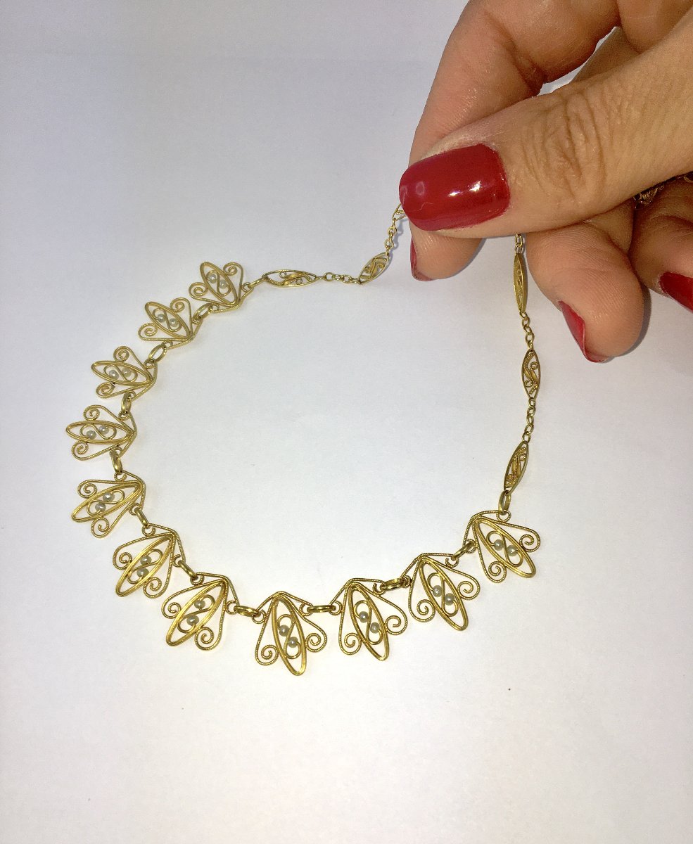 Filigree Necklace With Fine Pearls On Yellow Gold-photo-3