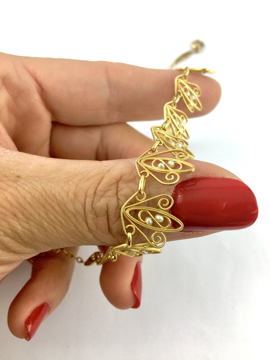 Filigree Necklace With Fine Pearls On Yellow Gold-photo-4