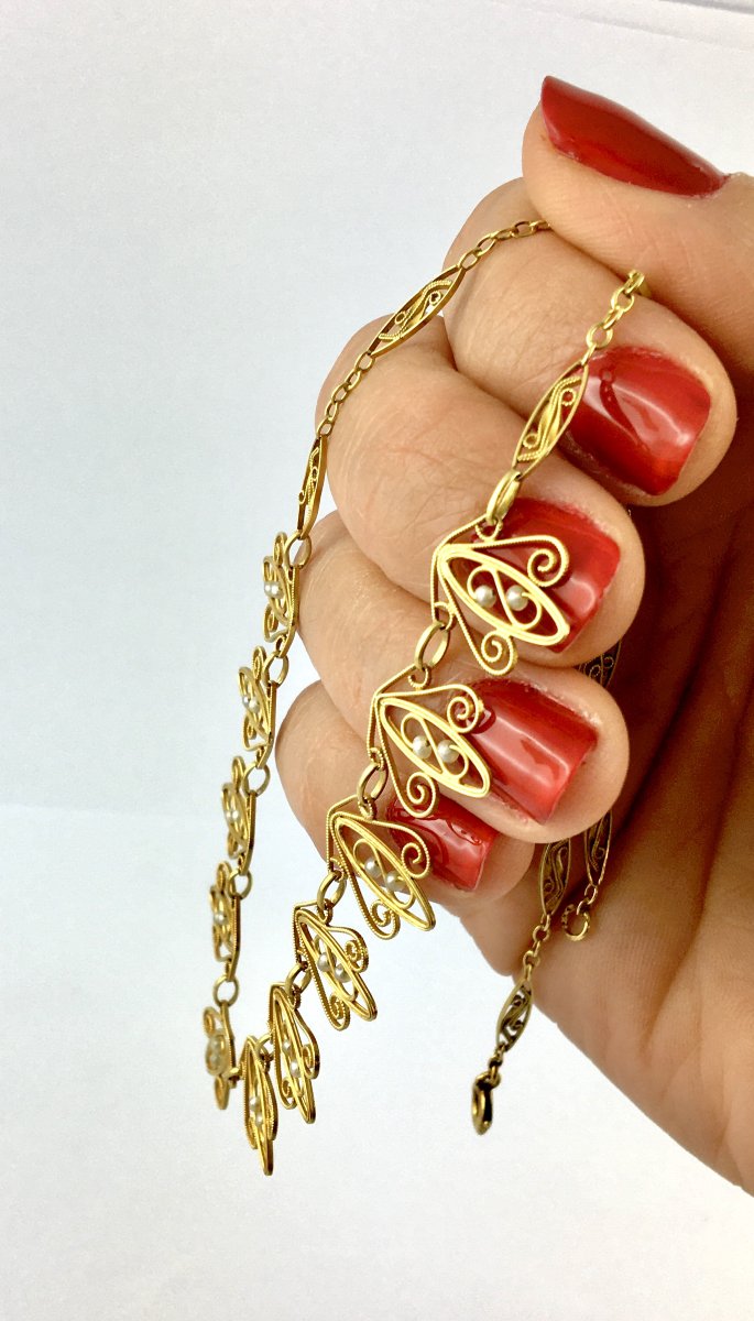 Filigree Necklace With Fine Pearls On Yellow Gold-photo-5