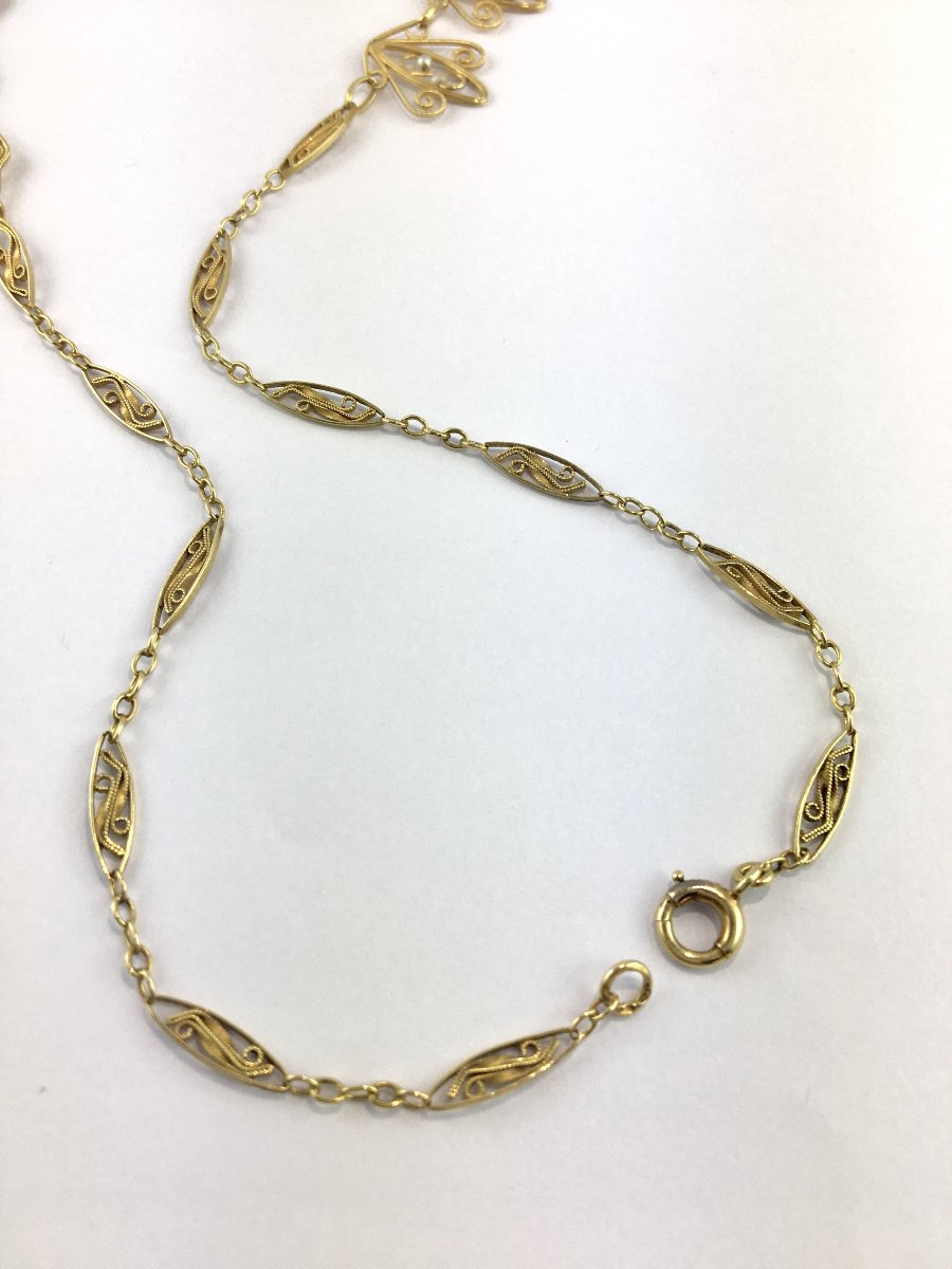 Filigree Necklace With Fine Pearls On Yellow Gold-photo-6