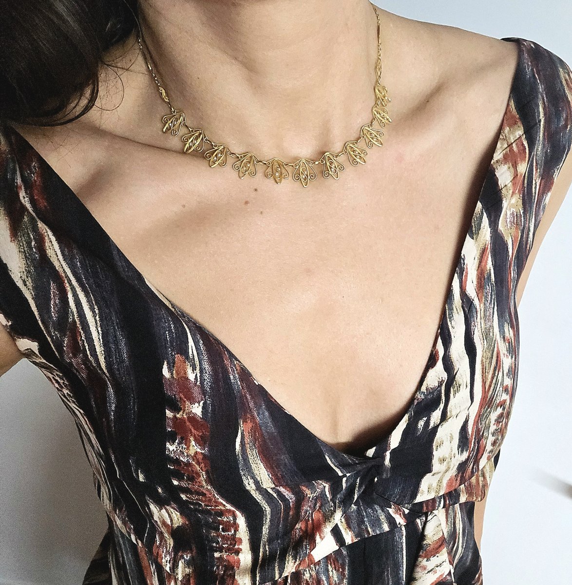 Filigree Necklace With Fine Pearls On Yellow Gold-photo-7