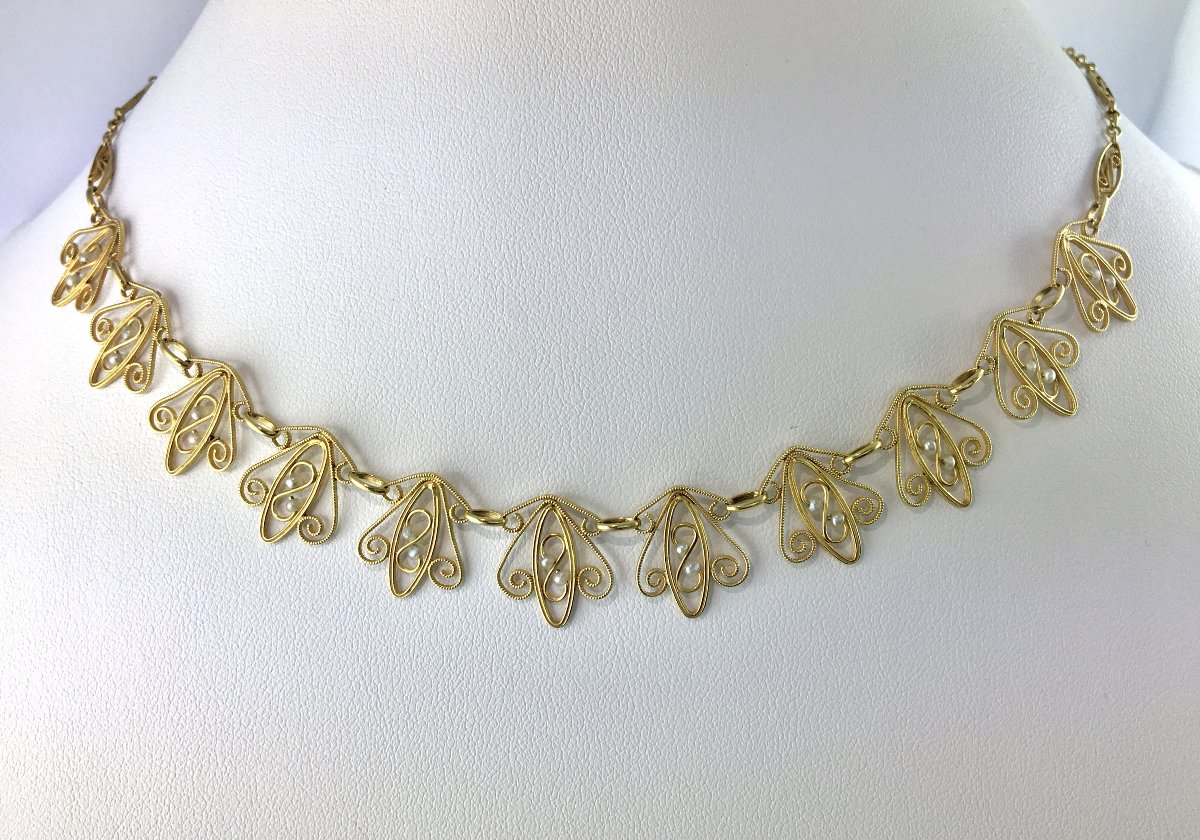 Filigree Necklace With Fine Pearls On Yellow Gold