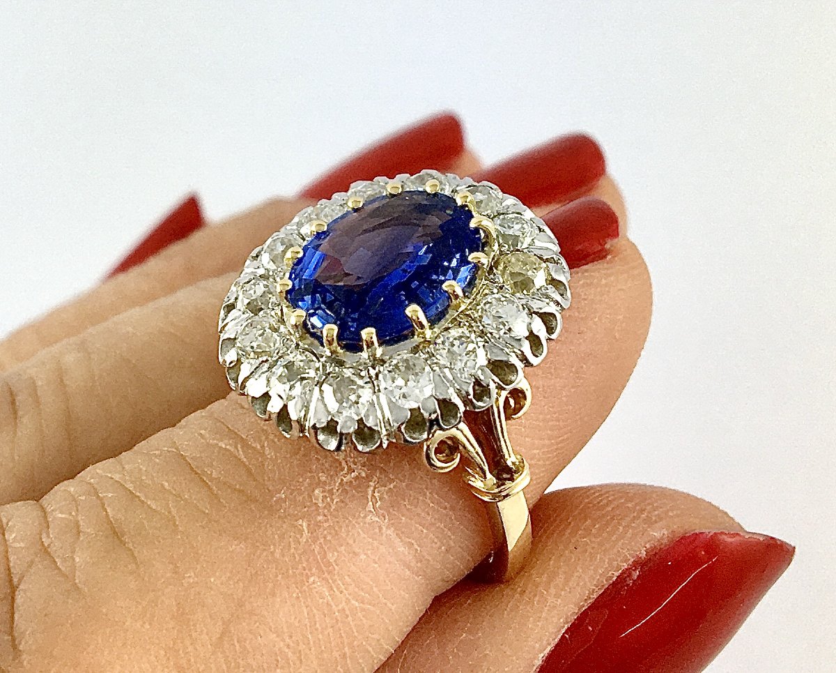 Belle époque-style Pompadour Ring With Sapphire And Old-cut Diamonds Set In Yellow And White Gold-photo-3
