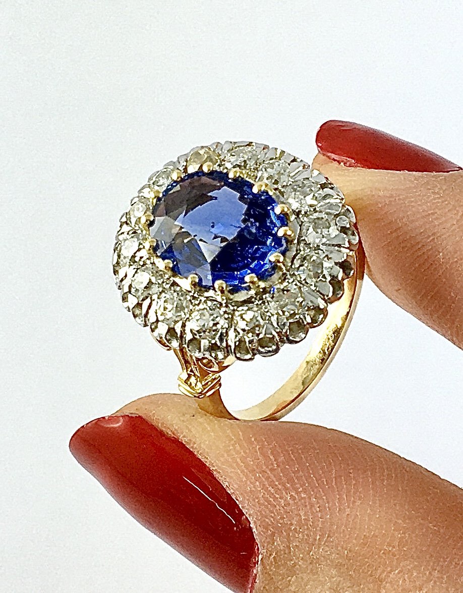 Belle époque-style Pompadour Ring With Sapphire And Old-cut Diamonds Set In Yellow And White Gold-photo-4