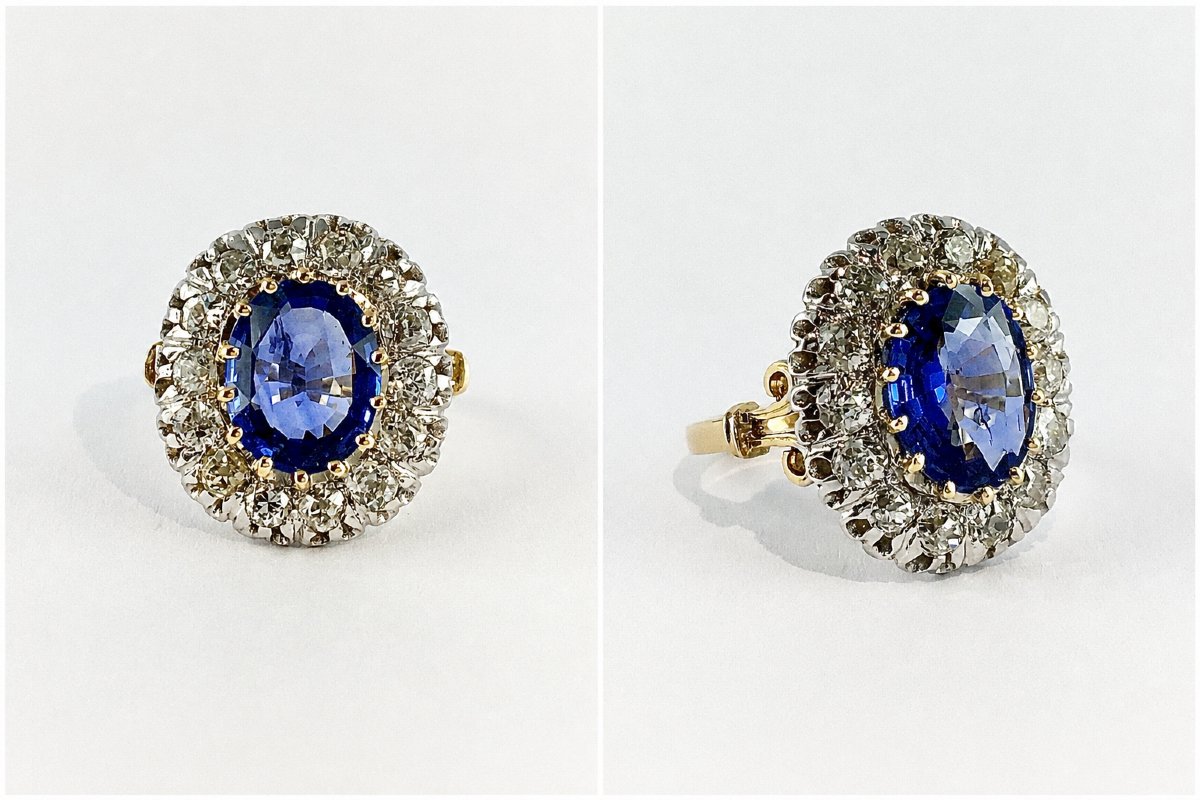 Belle époque-style Pompadour Ring With Sapphire And Old-cut Diamonds Set In Yellow And White Gold-photo-1