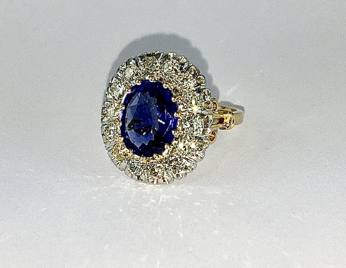 Belle époque-style Pompadour Ring With Sapphire And Old-cut Diamonds Set In Yellow And White Gold-photo-3