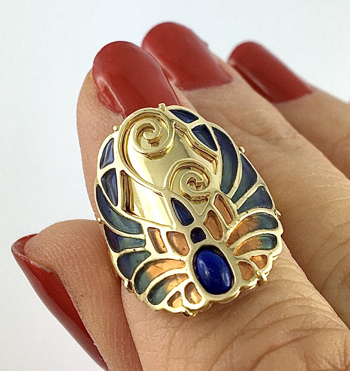 Bague Style Art nouveau Lapis-lazuli et Email Cloisonné Polychrome sur Or Jaune-photo-2