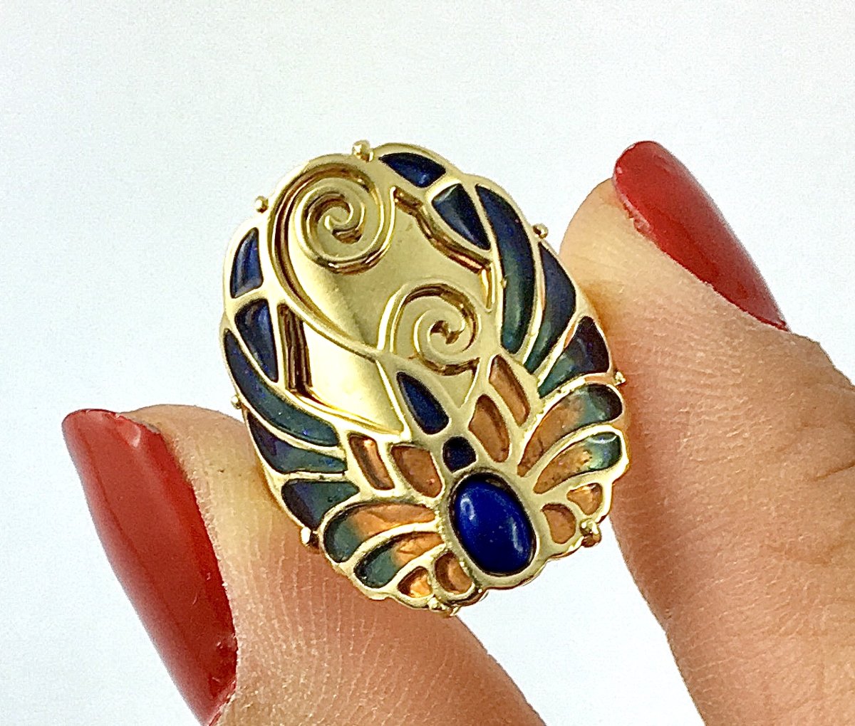 Bague Style Art nouveau Lapis-lazuli et Email Cloisonné Polychrome sur Or Jaune-photo-3