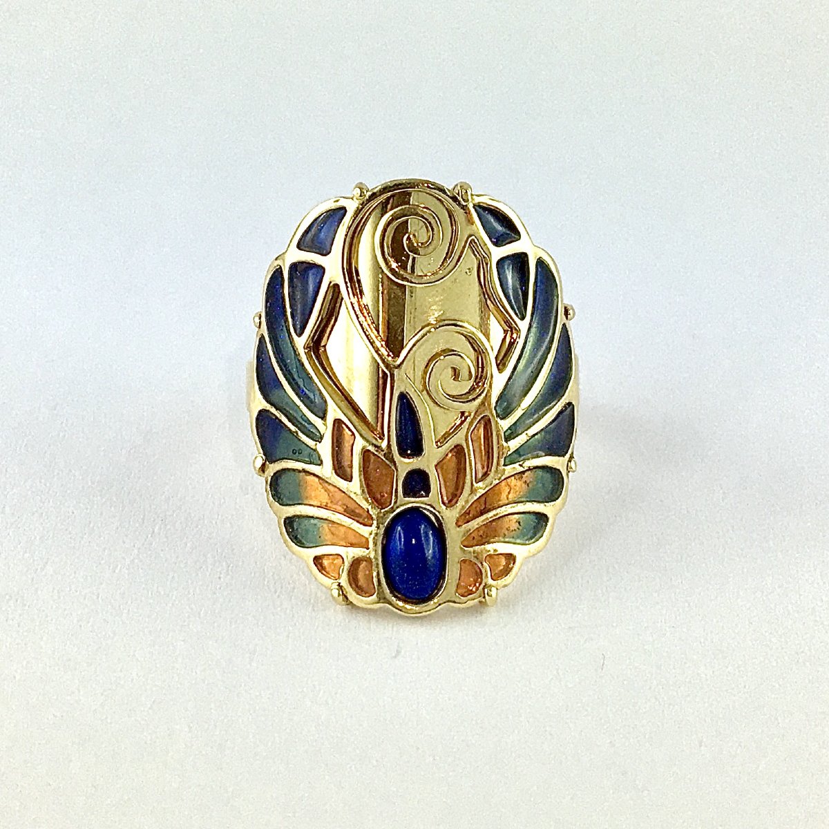Bague Style Art nouveau Lapis-lazuli et Email Cloisonné Polychrome sur Or Jaune-photo-1