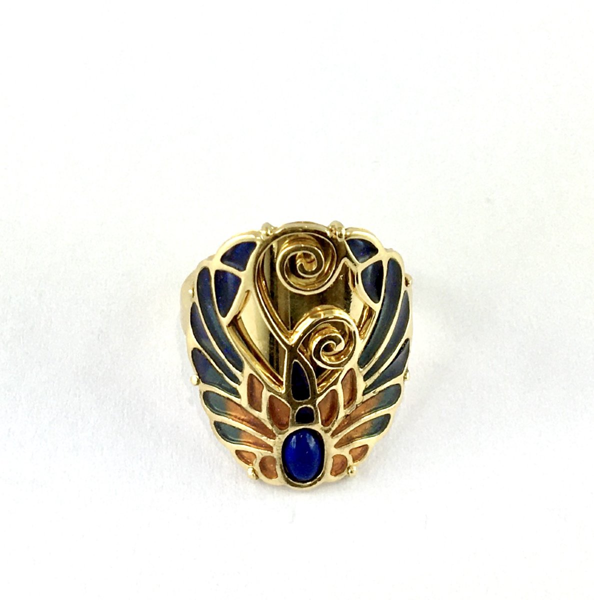 Bague Style Art nouveau Lapis-lazuli et Email Cloisonné Polychrome sur Or Jaune-photo-2