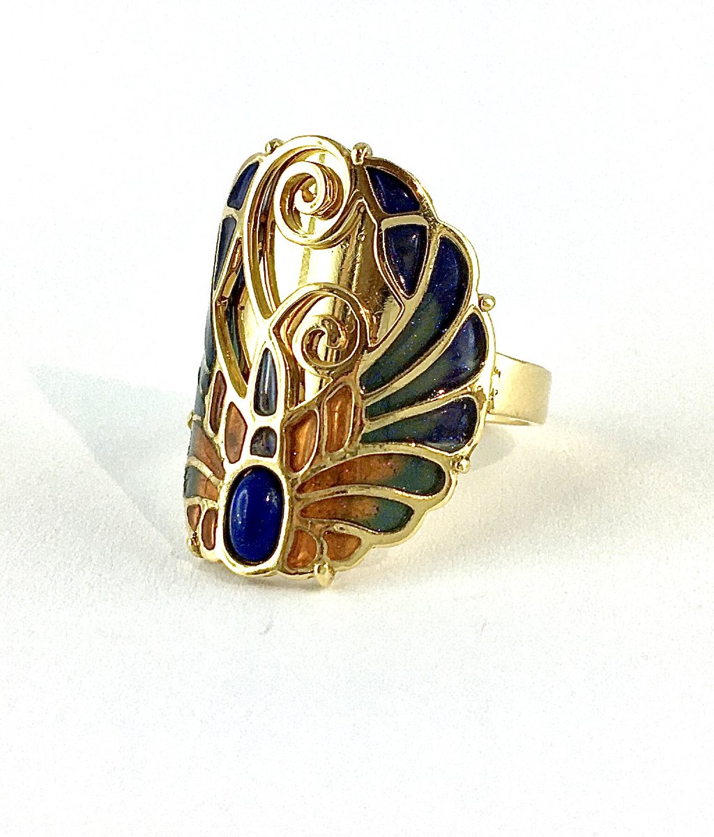 Bague Style Art nouveau Lapis-lazuli et Email Cloisonné Polychrome sur Or Jaune-photo-3