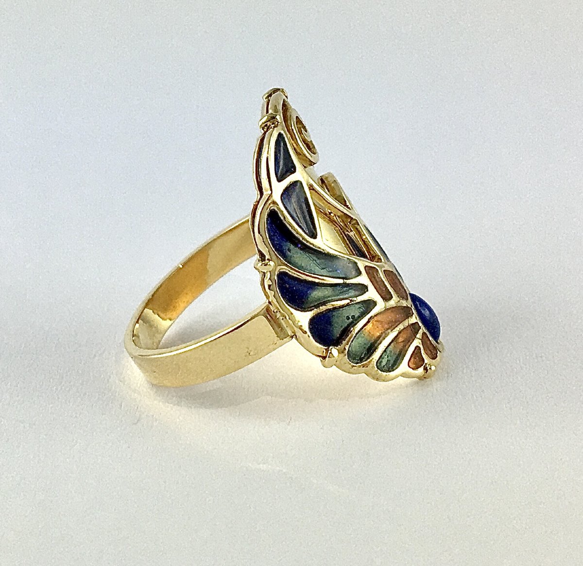 Bague Style Art nouveau Lapis-lazuli et Email Cloisonné Polychrome sur Or Jaune-photo-4