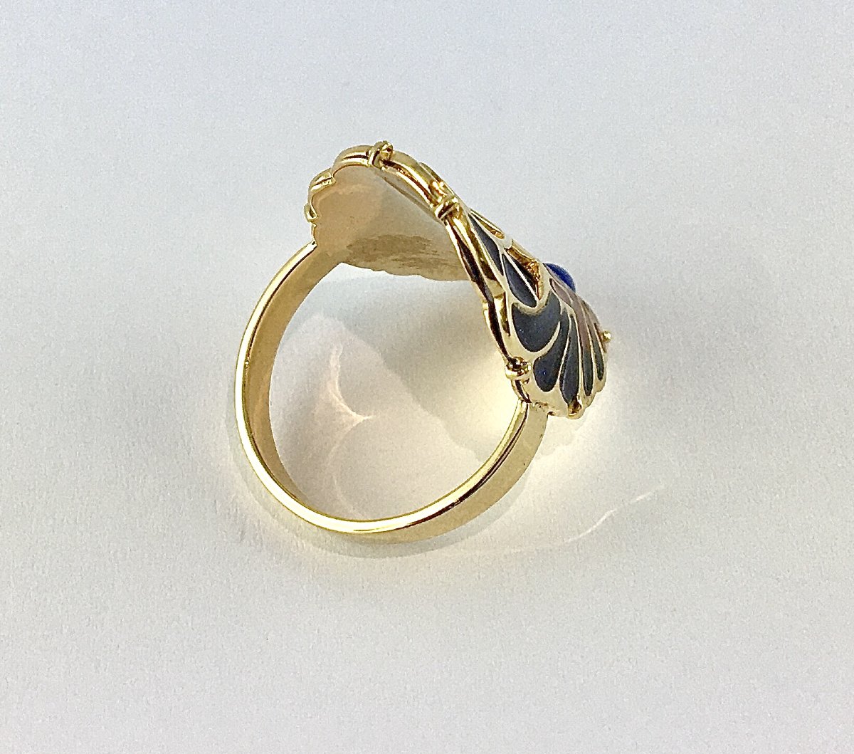 Bague Style Art nouveau Lapis-lazuli et Email Cloisonné Polychrome sur Or Jaune-photo-5