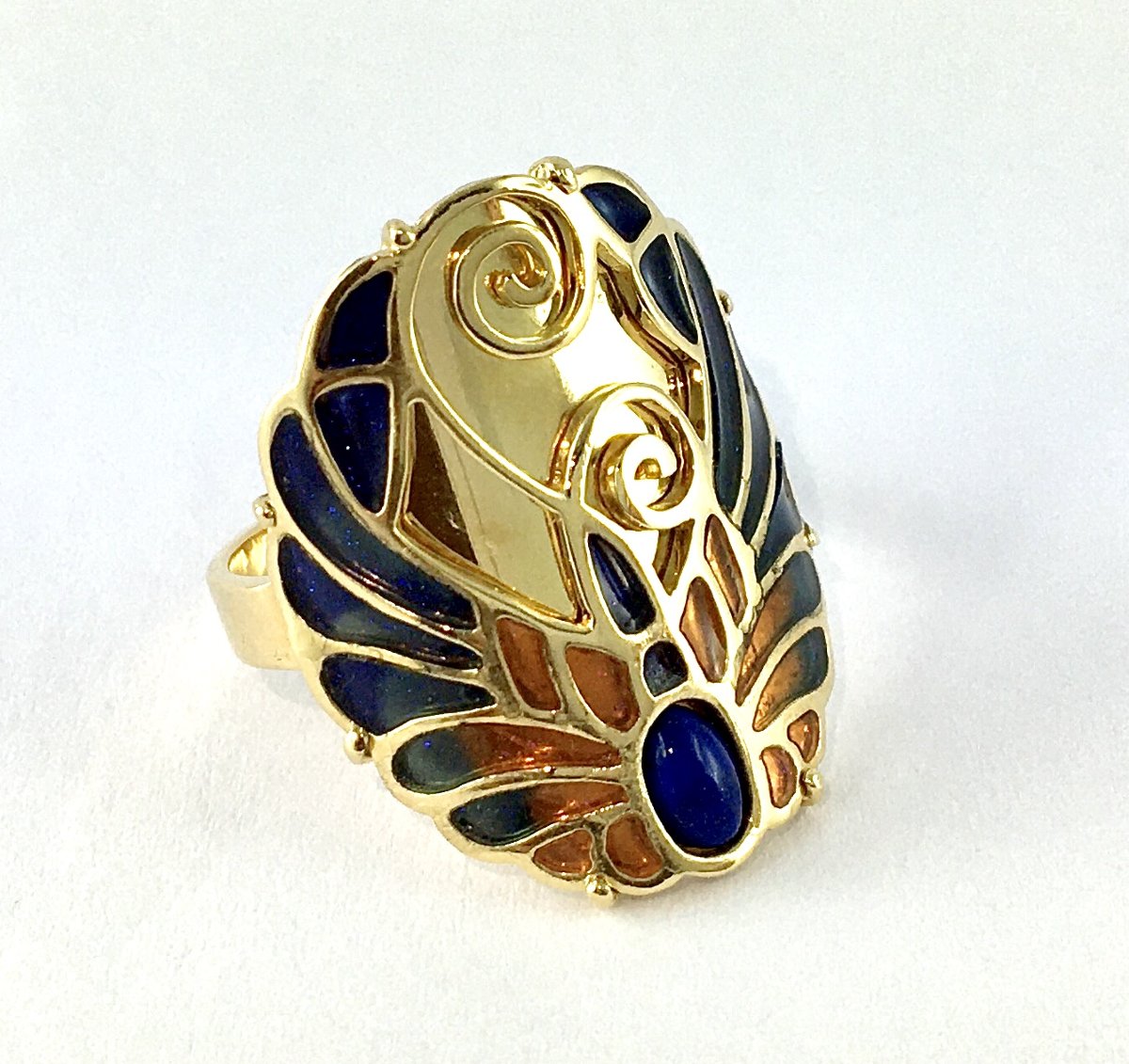 Bague Style Art nouveau Lapis-lazuli et Email Cloisonné Polychrome sur Or Jaune