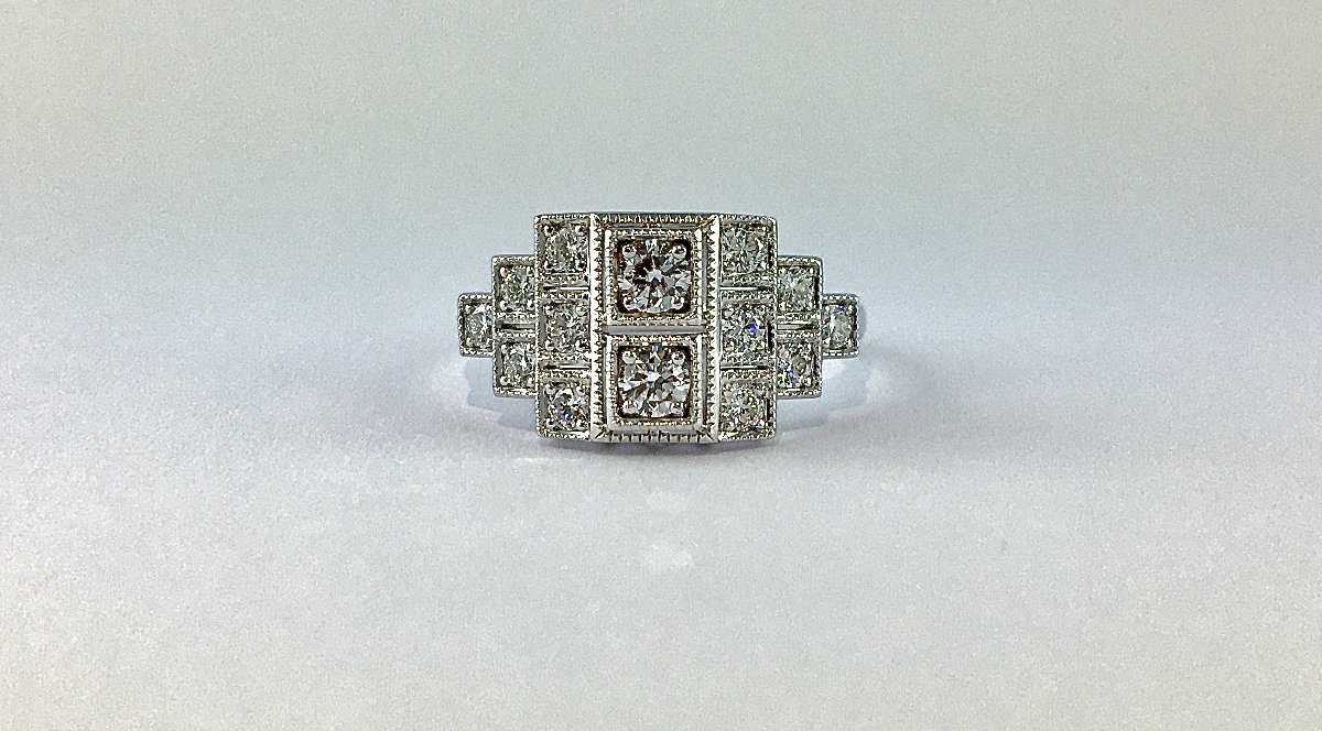 Art Deco Style Ring With Brilliant-cut Diamonds On White Gold-photo-2