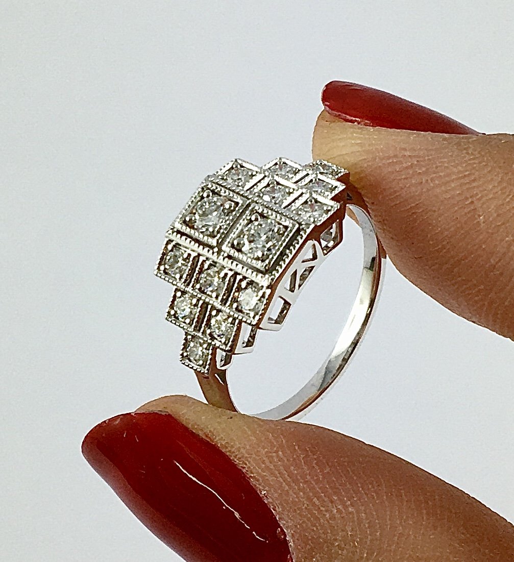 Art Deco Style Ring With Brilliant-cut Diamonds On White Gold-photo-5