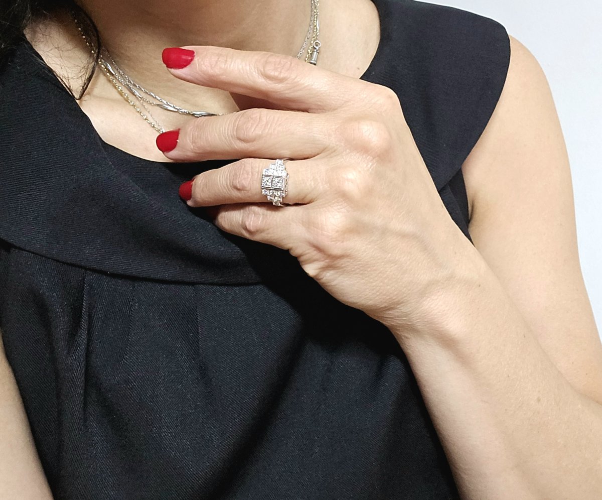 Art Deco Style Ring With Brilliant-cut Diamonds On White Gold-photo-8