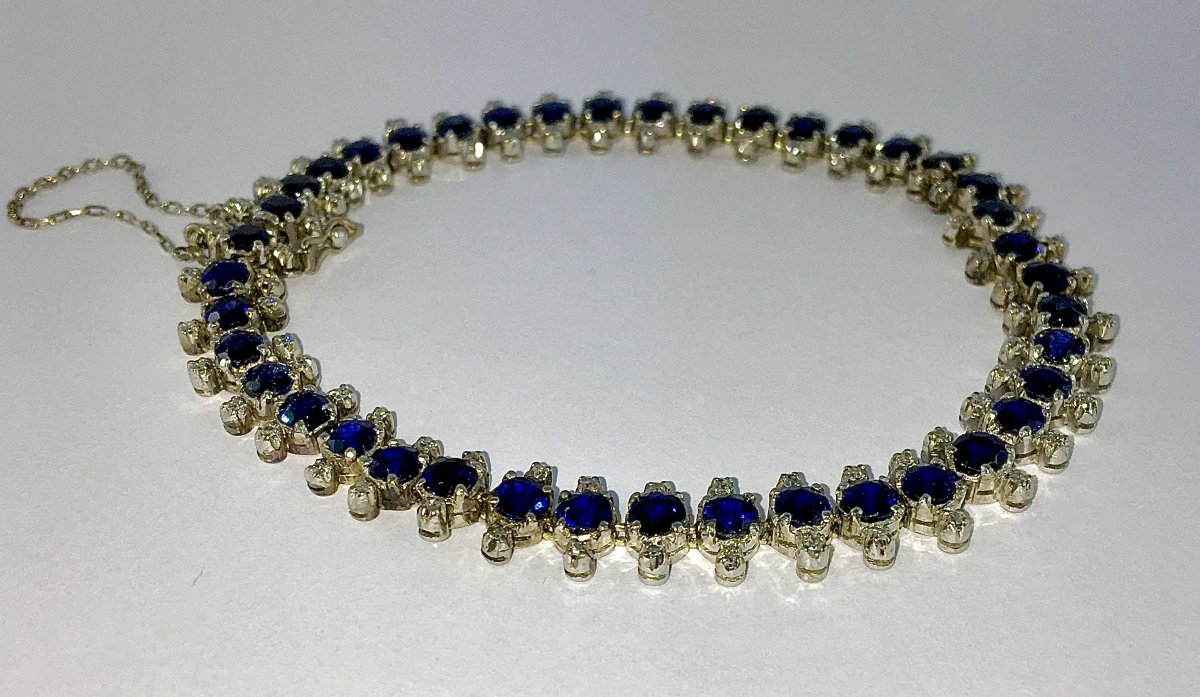 Bracelet Ligne de Saphirs et Diamants sur Or et Argent-photo-2