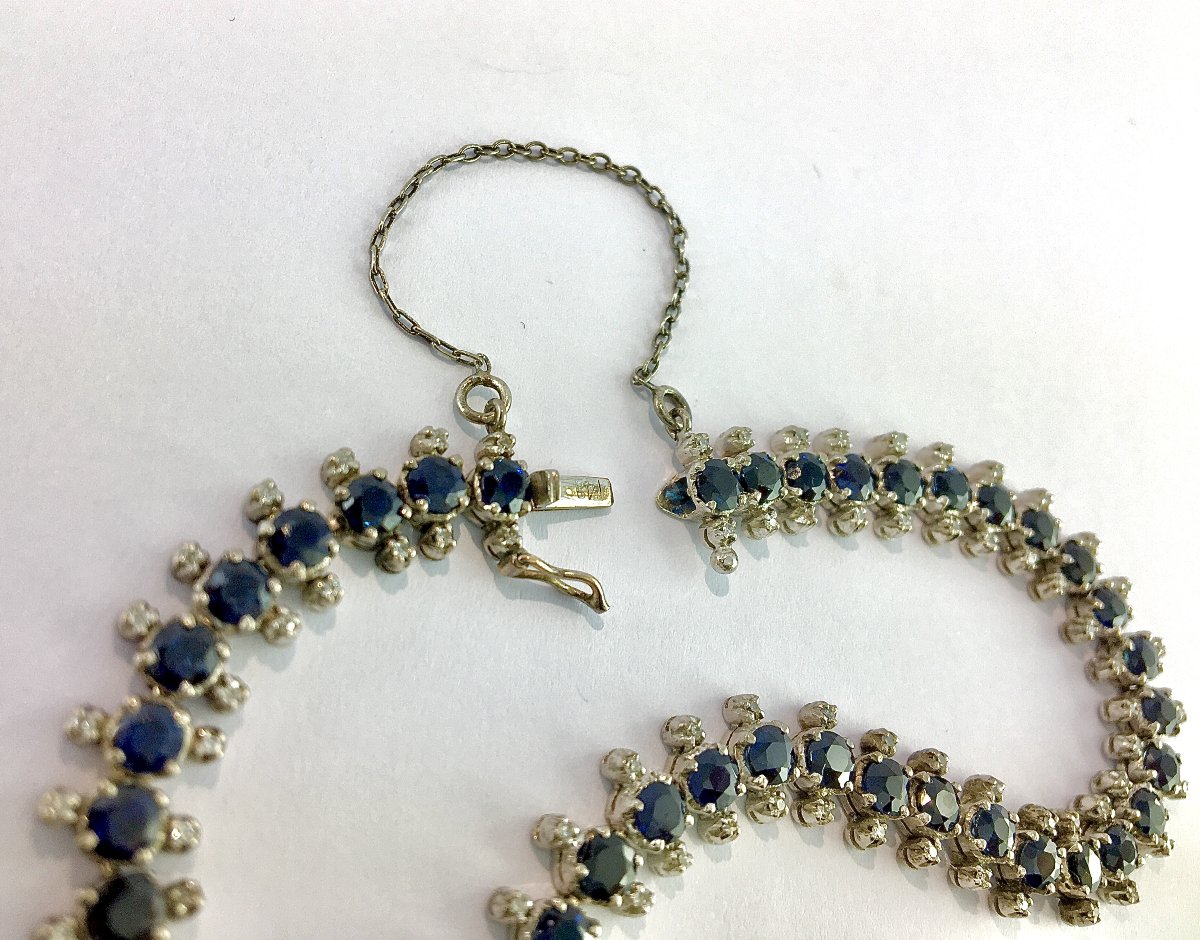 Bracelet Ligne de Saphirs et Diamants sur Or et Argent-photo-3