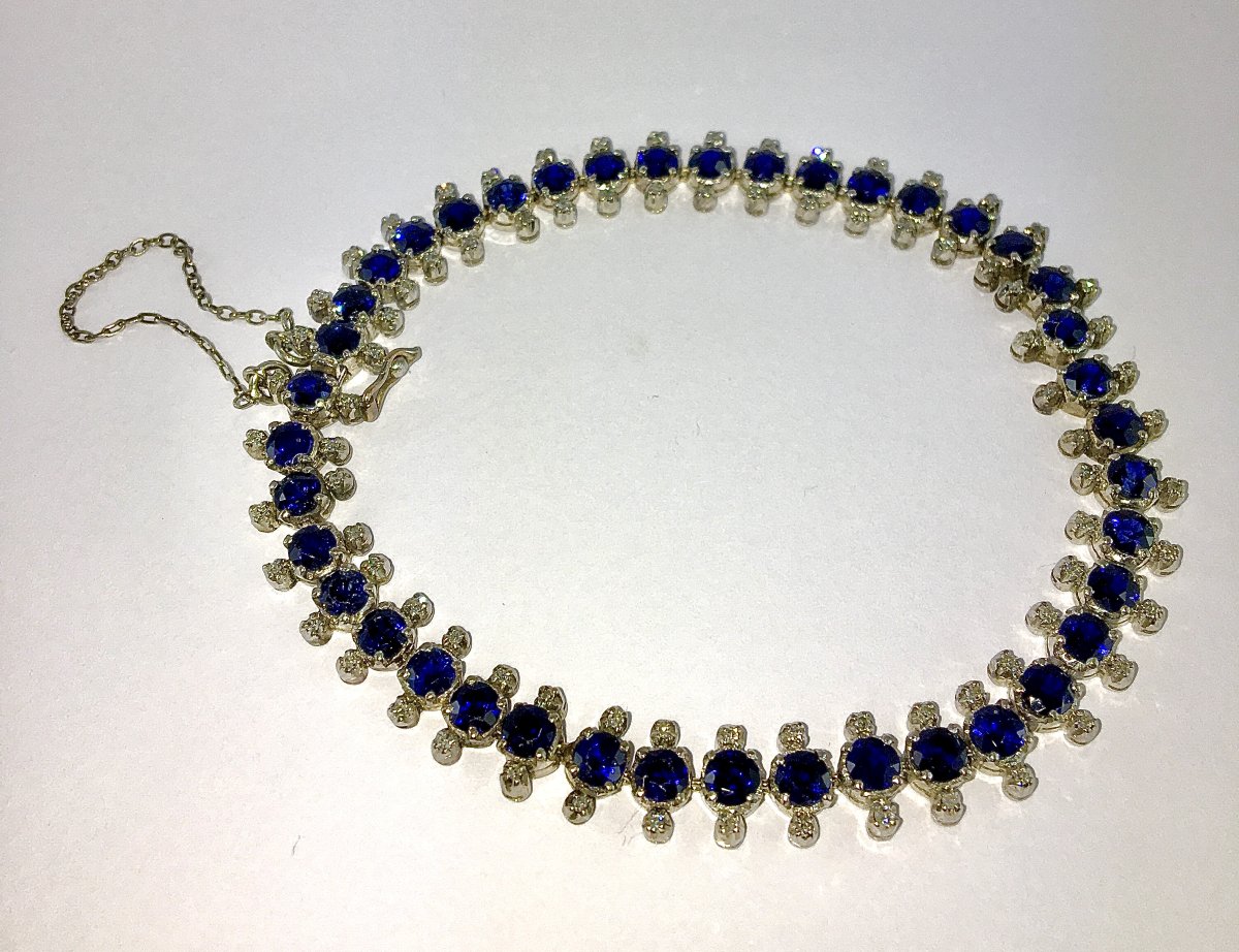 Bracelet Ligne de Saphirs et Diamants sur Or et Argent