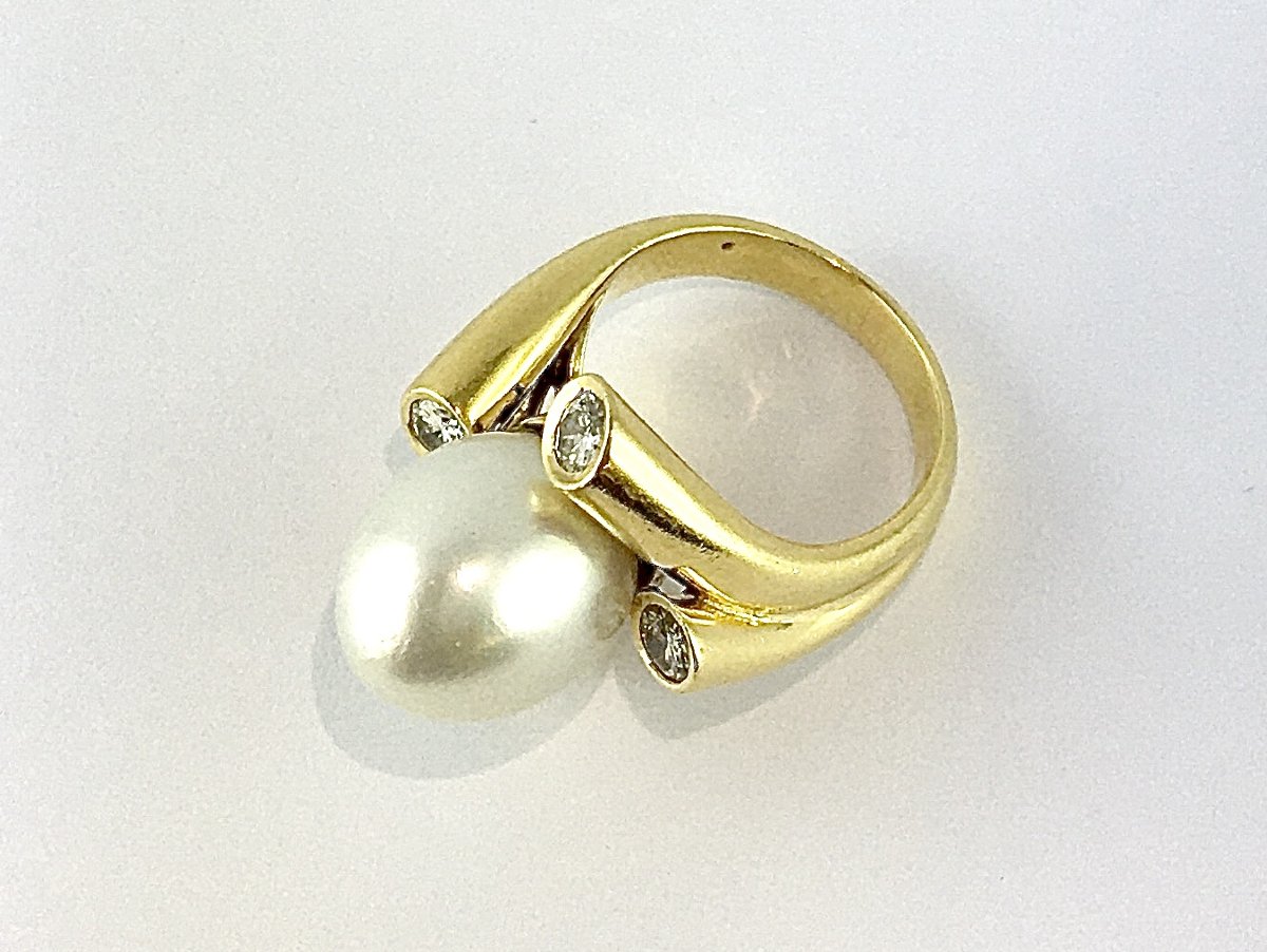 Bague Perle Blanche Des Mers Du Sud Et Diamants Sur Or Jaune-photo-3