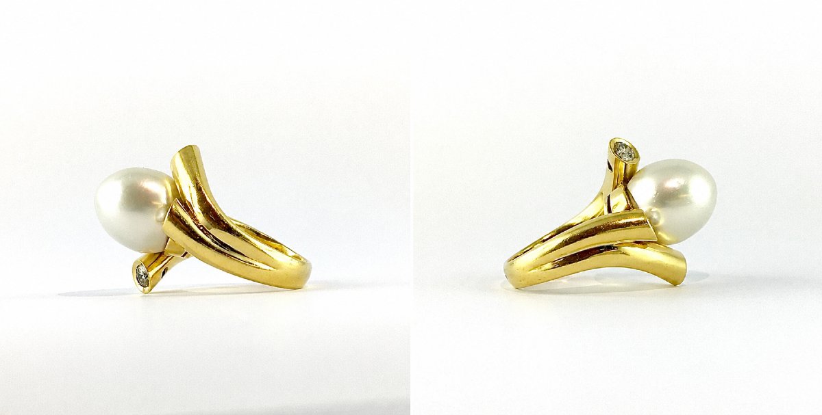 Bague Perle Blanche Des Mers Du Sud Et Diamants Sur Or Jaune-photo-4