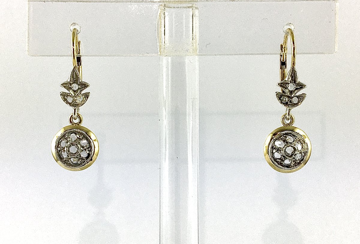 Boucles d’Oreilles Dormeuses Belle Époque Diamants Taille Rose sur Or Jaune et Argent -photo-3