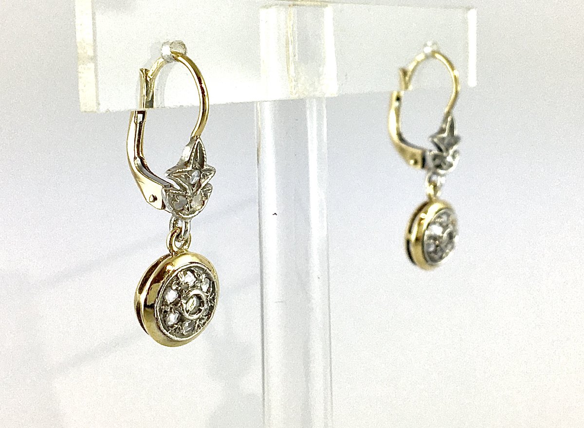 Boucles d’Oreilles Dormeuses Belle Époque Diamants Taille Rose sur Or Jaune et Argent -photo-4