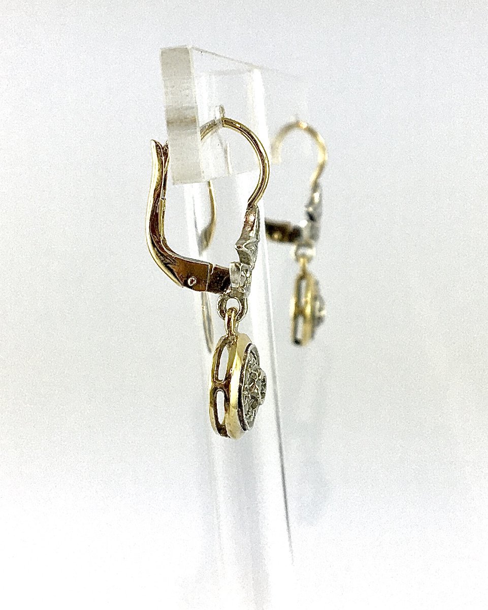 Boucles d’Oreilles Dormeuses Belle Époque Diamants Taille Rose sur Or Jaune et Argent -photo-1