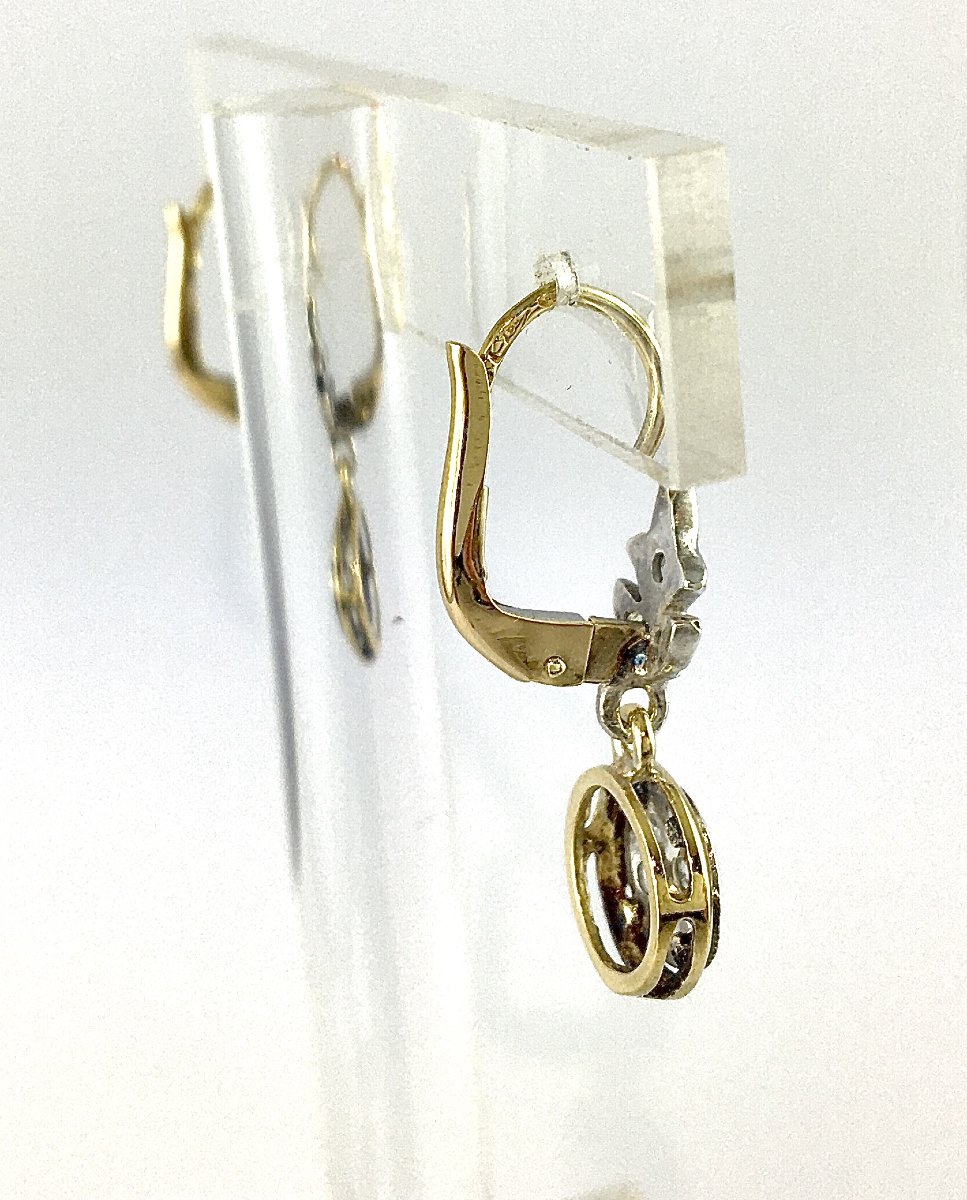 Boucles d’Oreilles Dormeuses Belle Époque Diamants Taille Rose sur Or Jaune et Argent -photo-2