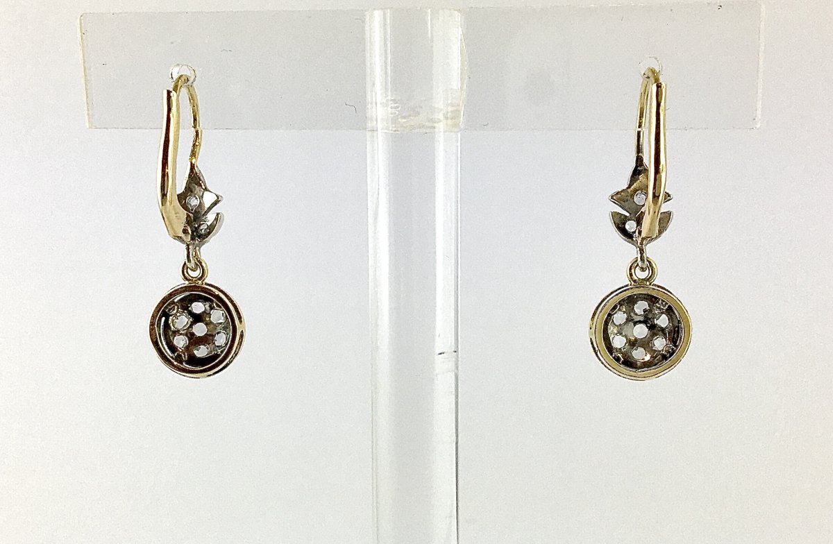 Boucles d’Oreilles Dormeuses Belle Époque Diamants Taille Rose sur Or Jaune et Argent -photo-3