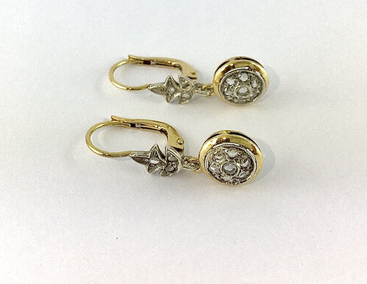 Boucles d’Oreilles Dormeuses Belle Époque Diamants Taille Rose sur Or Jaune et Argent -photo-6